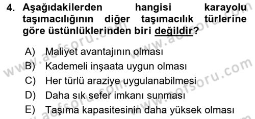 Ulaştırma Sistemleri Dersi 2021 - 2022 Yılı Yaz Okulu Sınav Soruları 4. Soru