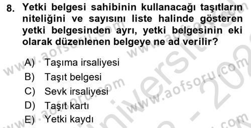 Ulaştırma Sistemleri Dersi 2022 - 2023 Yılı (Vize) Ara Sınav Soruları 8. Soru