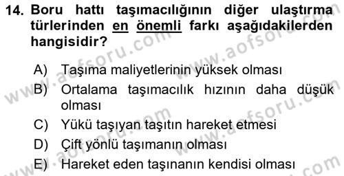 Ulaştırma Sistemleri Dersi 2022 - 2023 Yılı Yaz Okulu Sınav Soruları 14. Soru