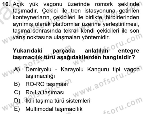 Ulaştırma Sistemleri Dersi 2022 - 2023 Yılı Yaz Okulu Sınav Soruları 16. Soru