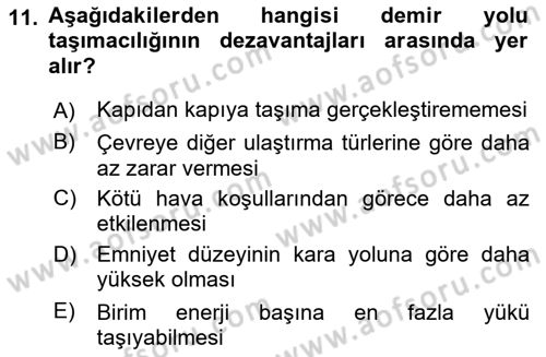 Ulaştırma Sistemleri Dersi 2025 - 2026 Yılı (Vize) Ara Sınav Soruları 11. Soru