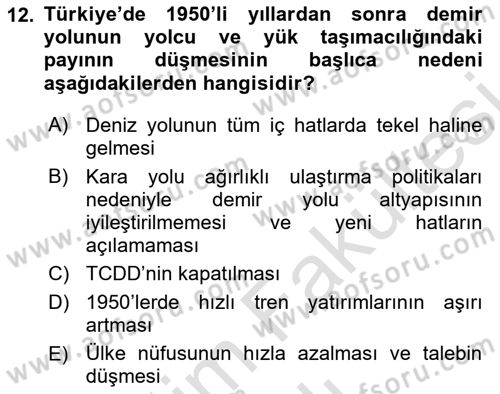 Ulaştırma Sistemleri Dersi 2025 - 2026 Yılı (Vize) Ara Sınav Soruları 12. Soru