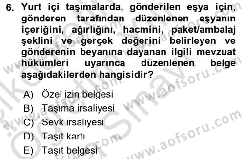 Ulaştırma Sistemleri Dersi 2025 - 2026 Yılı (Vize) Ara Sınav Soruları 6. Soru