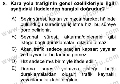 Ulaştırma Sistemleri Dersi 2025 - 2026 Yılı (Vize) Ara Sınav Soruları 8. Soru