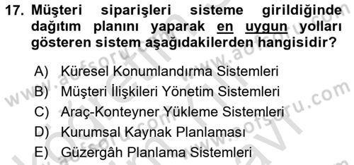 Bilişim Sistemleri Ve Lojistik Dersi 2021 - 2022 Yılı (Vize) Ara Sınav Soruları 17. Soru