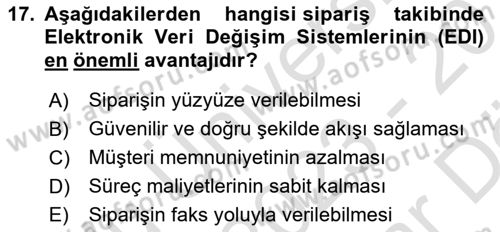 Bilişim Sistemleri Ve Lojistik Dersi 2023 - 2024 Yılı (Vize) Ara Sınav Soruları 17. Soru