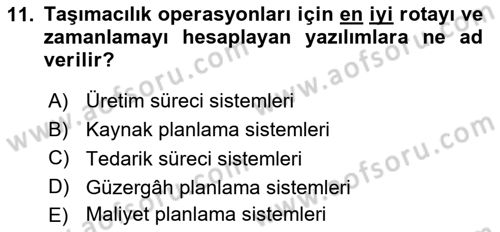 Bilişim Sistemleri Ve Lojistik Dersi 2024 - 2025 Yılı (Vize) Ara Sınav Soruları 11. Soru