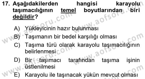 Ulaştırma Sistemleri Ve Yönetimi Dersi 2016 - 2017 Yılı (Vize) Ara Sınav Soruları 17. Soru