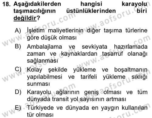 Ulaştırma Sistemleri Ve Yönetimi Dersi 2016 - 2017 Yılı (Vize) Ara Sınav Soruları 18. Soru