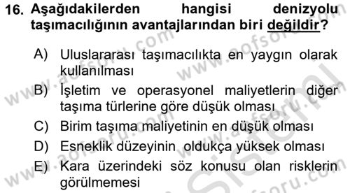 Ulaştırma Sistemleri Ve Yönetimi Dersi 2017 - 2018 Yılı (Vize) Ara Sınav Soruları 16. Soru