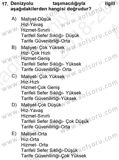 Ulaştırma Sistemleri Ve Yönetimi Dersi 2018 - 2019 Yılı (Vize) Ara Sınav Soruları 17. Soru