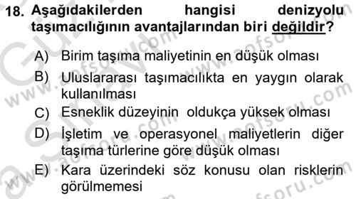 Ulaştırma Sistemleri Ve Yönetimi Dersi 2019 - 2020 Yılı (Vize) Ara Sınav Soruları 18. Soru