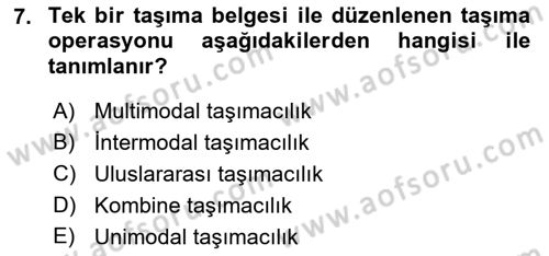 Ulaştırma Sistemleri Ve Yönetimi Dersi 2019 - 2020 Yılı (Final) Dönem Sonu Sınav Soruları 7. Soru