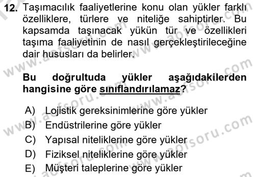 Ulaştırma Sistemleri Ve Yönetimi Dersi 2023 - 2024 Yılı (Vize) Ara Sınav Soruları 12. Soru