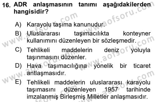 Ulaştırma Sistemleri Ve Yönetimi Dersi 2024 - 2025 Yılı (Final) Dönem Sonu Sınav Soruları 16. Soru