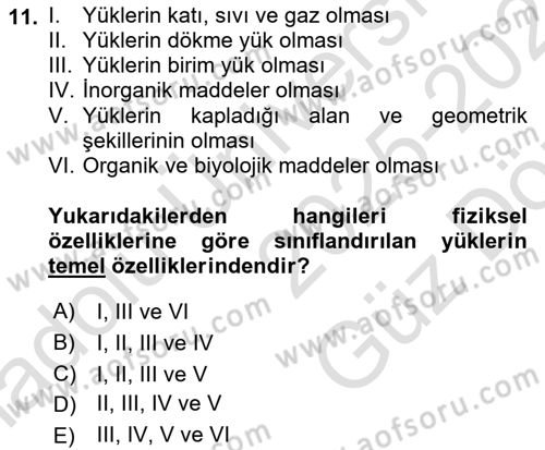 Ulaştırma Sistemleri Ve Yönetimi Dersi 2025 - 2026 Yılı (Vize) Ara Sınav Soruları 11. Soru