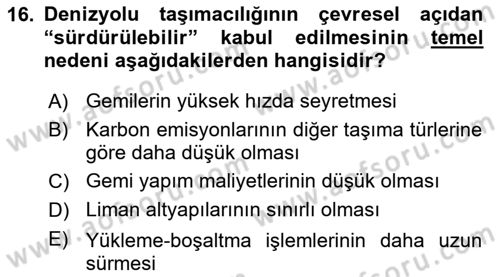 Ulaştırma Sistemleri Ve Yönetimi Dersi 2025 - 2026 Yılı (Vize) Ara Sınav Soruları 16. Soru