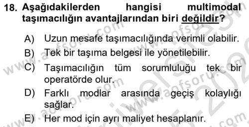 Ulaştırma Sistemleri Ve Yönetimi Dersi 2025 - 2026 Yılı (Vize) Ara Sınav Soruları 18. Soru