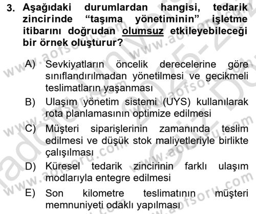 Ulaştırma Sistemleri Ve Yönetimi Dersi 2025 - 2026 Yılı (Vize) Ara Sınav Soruları 3. Soru