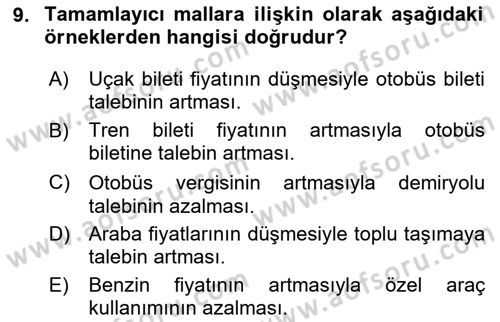 Ulaştırma Sistemleri Ve Yönetimi Dersi 2025 - 2026 Yılı (Vize) Ara Sınav Soruları 9. Soru