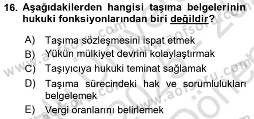 Ulaştırma Sistemleri Ve Yönetimi Dersi 2025 - 2026 Yılı (Final) Dönem Sonu Sınav Soruları 16. Soru