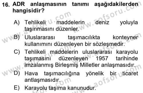Ulaştırma Sistemleri Ve Yönetimi Dersi 2025 - 2026 Yılı Yaz Okulu Sınav Soruları 16. Soru