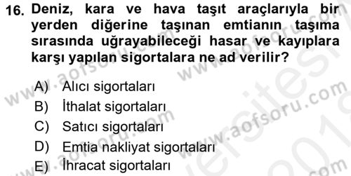 Dış Ticarette Risk Yönetimi Ve Sigortacılık Dersi 2017 - 2018 Yılı (Final) Dönem Sonu Sınavı 16. Soru