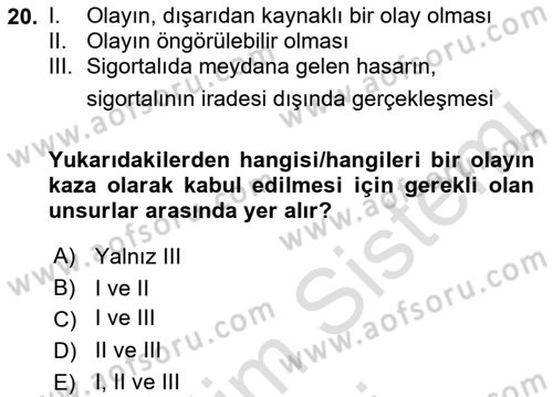 Dış Ticarette Risk Yönetimi Ve Sigortacılık Dersi 2021 - 2022 Yılı (Vize) Ara Sınavı 20. Soru