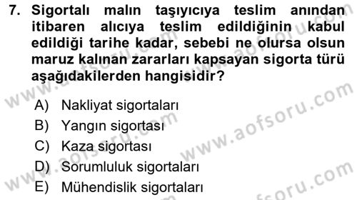 Dış Ticarette Risk Yönetimi Ve Sigortacılık Dersi 2021 - 2022 Yılı (Vize) Ara Sınavı 7. Soru