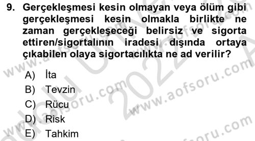 Dış Ticarette Risk Yönetimi Ve Sigortacılık Dersi 2022 - 2023 Yılı (Vize) Ara Sınavı 9. Soru