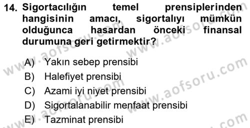Dış Ticarette Risk Yönetimi Ve Sigortacılık Dersi 2023 - 2024 Yılı (Vize) Ara Sınav Soruları 14. Soru