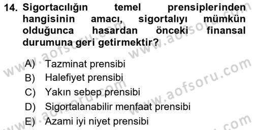 Dış Ticarette Risk Yönetimi Ve Sigortacılık Dersi 2024 - 2025 Yılı (Vize) Ara Sınavı 14. Soru