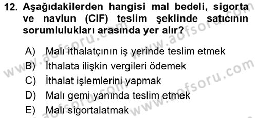 Dış Ticaret İşlemleri ve Belgeleri Dersi 2016 - 2017 Yılı (Final) Dönem Sonu Sınavı 12. Soru