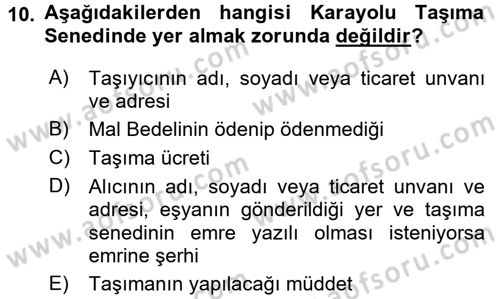 Dış Ticaret İşlemleri ve Belgeleri Dersi 2017 - 2018 Yılı (Vize) Ara Sınav Soruları 10. Soru