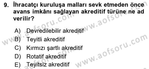 Dış Ticaret İşlemleri ve Belgeleri Dersi 2017 - 2018 Yılı (Final) Dönem Sonu Sınav Soruları 9. Soru