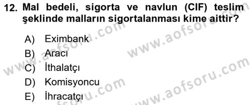 Dış Ticaret İşlemleri ve Belgeleri Dersi 2018 - 2019 Yılı Yaz Okulu Sınavı 12. Soru