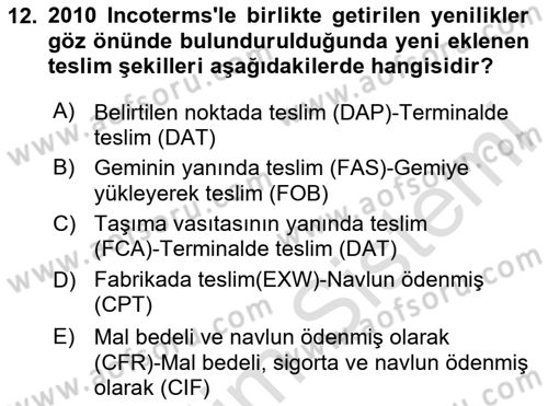 Dış Ticaret İşlemleri ve Belgeleri Dersi 2020 - 2021 Yılı Yaz Okulu Sınav Soruları 12. Soru
