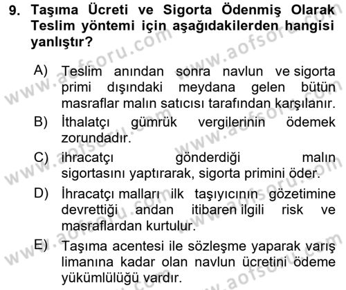 Dış Ticaret İşlemleri ve Belgeleri Dersi 2021 - 2022 Yılı (Final) Dönem Sonu Sınavı 9. Soru