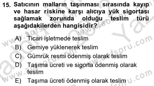 Dış Ticaret İşlemleri ve Belgeleri Dersi 2022 - 2023 Yılı Yaz Okulu Sınav Soruları 15. Soru