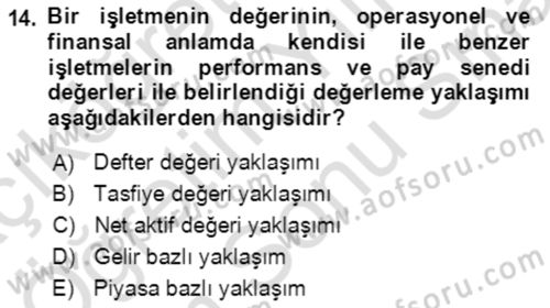 İşletme Finansmanı Dersi 2021 - 2022 Yılı (Final) Dönem Sonu Sınav Soruları 14. Soru