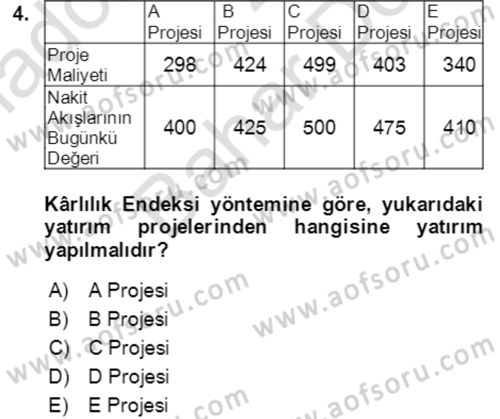 İşletme Finansmanı Dersi 2021 - 2022 Yılı (Final) Dönem Sonu Sınav Soruları 4. Soru