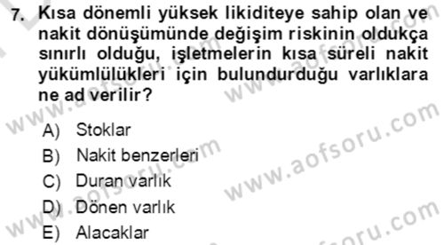 İşletme Finansmanı Dersi 2021 - 2022 Yılı (Final) Dönem Sonu Sınav Soruları 7. Soru
