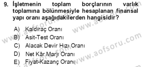 İşletme Finansmanı Dersi 2021 - 2022 Yılı (Final) Dönem Sonu Sınav Soruları 9. Soru