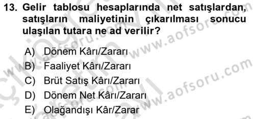 İşletme Finansmanı Dersi 2021 - 2022 Yılı Yaz Okulu Sınav Soruları 13. Soru