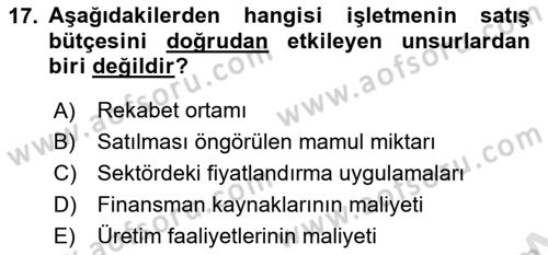 İşletme Finansmanı Dersi 2021 - 2022 Yılı Yaz Okulu Sınav Soruları 17. Soru