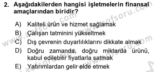 İşletme Finansmanı Dersi 2021 - 2022 Yılı Yaz Okulu Sınav Soruları 2. Soru