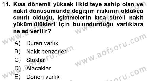 İşletme Finansmanı Dersi 2022 - 2023 Yılı Yaz Okulu Sınav Soruları 11. Soru