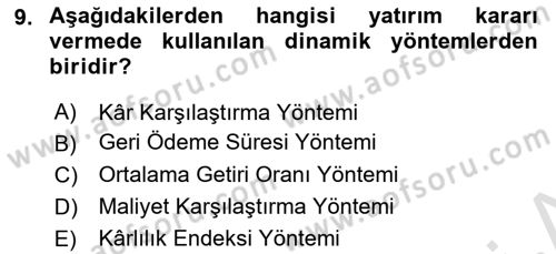 İşletme Finansmanı Dersi 2022 - 2023 Yılı Yaz Okulu Sınav Soruları 9. Soru