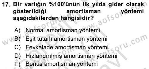 İşletme Finansmanı Dersi 2023 - 2024 Yılı (Vize) Ara Sınav Soruları 17. Soru