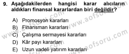 İşletme Finansmanı Dersi 2023 - 2024 Yılı (Vize) Ara Sınav Soruları 9. Soru